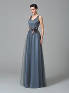 NumberSea - A - Line/Princess Straps Sash/Ribbon/Belt Sleeveless Long Net Bridesmaid Dresses