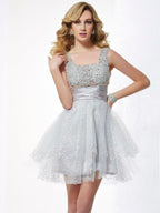 NumberSea - A - Line/Princess Straps Sleeveless Beading Short Elastic Woven Satin Homecoming Dresses