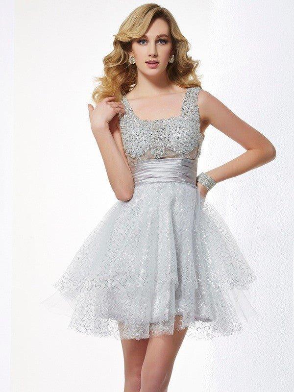 NumberSea - A - Line/Princess Straps Sleeveless Beading Short Elastic Woven Satin Homecoming Dresses