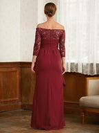 NumberSea - A - Line/Princess Stretch Crepe Lace Off - the - Shoulder 3/4 Sleeves Floor - Length Mother of the Bride Dresses