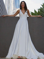 NumberSea - A - Line/Princess Stretch Crepe Ruffles V - neck Sleeveless Sweep/Brush Train Wedding Dresses