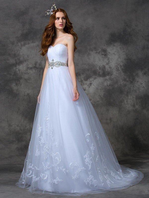 NumberSea - A - line/Princess Sweetheart Beading Sleeveless Long Satin Wedding Dresses