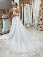 NumberSea - A - Line/Princess Tulle Applique Off - the - Shoulder Sleeveless Sweep/Brush Train Wedding Dresses