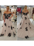 NumberSea - A - Line/Princess Tulle Applique Off - the - Shoulder Sleeveless Sweep/Brush Train Wedding Dresses