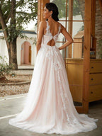 NumberSea - A - Line/Princess Tulle Applique Scoop Sleeveless Sweep/Brush Train Wedding Dresses