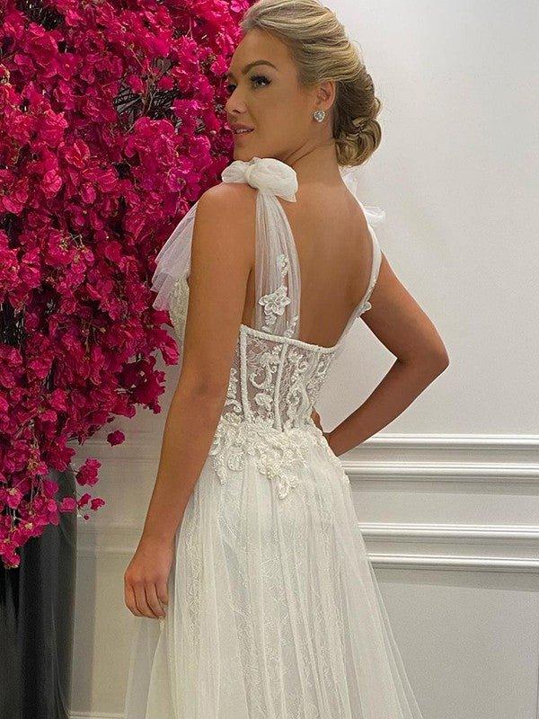 NumberSea - A - Line/Princess Tulle Applique Sleeveless Straps Sweep/Brush Train Wedding Dresses
