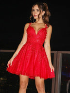 NumberSea - A - Line/Princess Tulle Applique Spaghetti Straps Sleeveless Short/Mini Homecoming Dresses