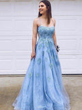 NumberSea - A - Line/Princess Tulle Applique Spaghetti Straps Sleeveless Sweep/Brush Train Dresses