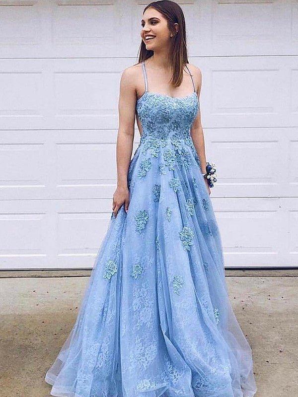 NumberSea - A - Line/Princess Tulle Applique Spaghetti Straps Sleeveless Sweep/Brush Train Dresses