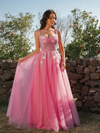 NumberSea - A - Line/Princess Tulle Applique Straps Sleeveless Floor - Length Dresses