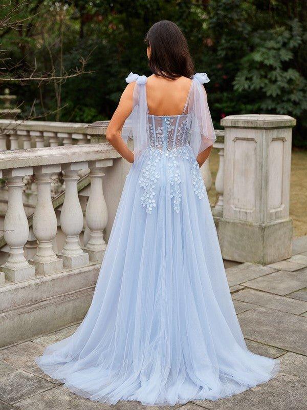 NumberSea - A - Line/Princess Tulle Applique Straps Sleeveless Sweep/Brush Train Dresses