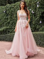NumberSea - A - Line/Princess Tulle Applique Straps Sleeveless Sweep/Brush Train Wedding Dresses