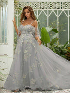 NumberSea - A - Line/Princess Tulle Applique Sweetheart Short Sleeves Sweep/Brush Train Dresses