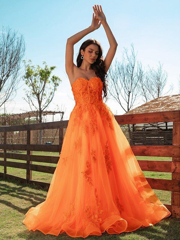 NumberSea - A - Line/Princess Tulle Applique Sweetheart Sleeveless Floor - Length Dresses