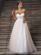 NumberSea - A - Line/Princess Tulle Applique Sweetheart Sleeveless Sweep/Brush Train Wedding Dresses A - Line/Princess Tulle Applique Sweetheart Sleeveless Sweep/Brush Train Wedding Dresses