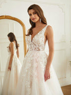 NumberSea - A - Line/Princess Tulle Applique V - neck Sleeveless Chapel Train Wedding Dresses