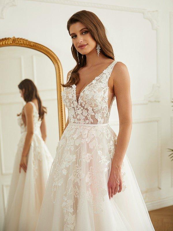 NumberSea - A - Line/Princess Tulle Applique V - neck Sleeveless Chapel Train Wedding Dresses