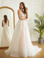 NumberSea - A - Line/Princess Tulle Applique V - neck Sleeveless Chapel Train Wedding Dresses