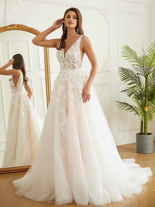 NumberSea - A - Line/Princess Tulle Applique V - neck Sleeveless Chapel Train Wedding Dresses
