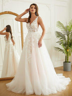 NumberSea - A - Line/Princess Tulle Applique V - neck Sleeveless Chapel Train Wedding Dresses