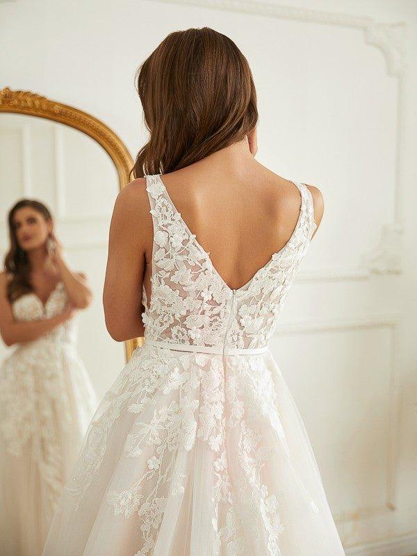 NumberSea - A - Line/Princess Tulle Applique V - neck Sleeveless Chapel Train Wedding Dresses