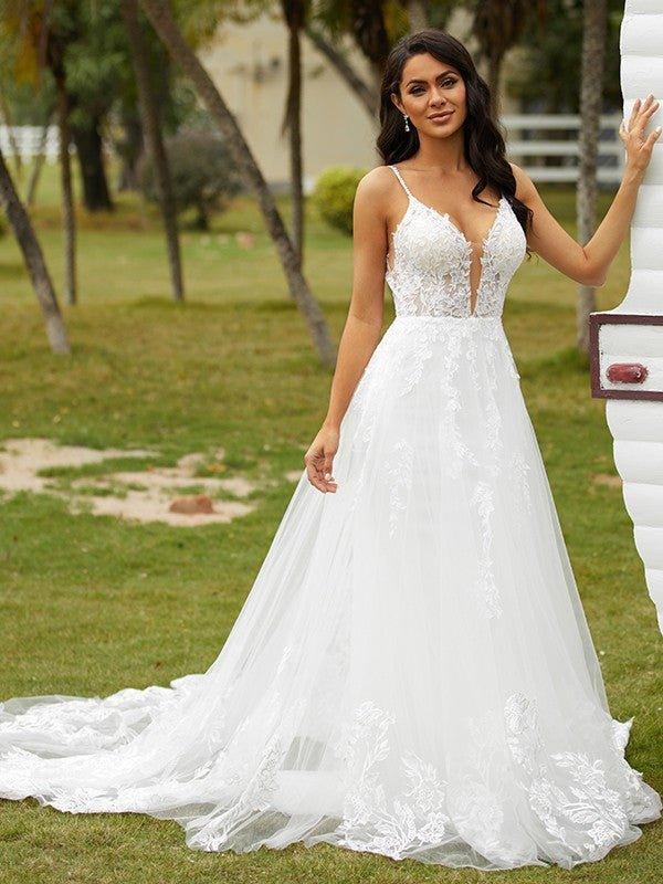 NumberSea - A - Line/Princess Tulle Applique V - neck Sleeveless Court Train Wedding Dresses