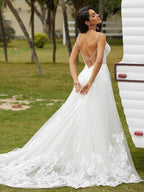 NumberSea - A - Line/Princess Tulle Applique V - neck Sleeveless Court Train Wedding Dresses