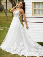 NumberSea - A - Line/Princess Tulle Applique V - neck Sleeveless Court Train Wedding Dresses