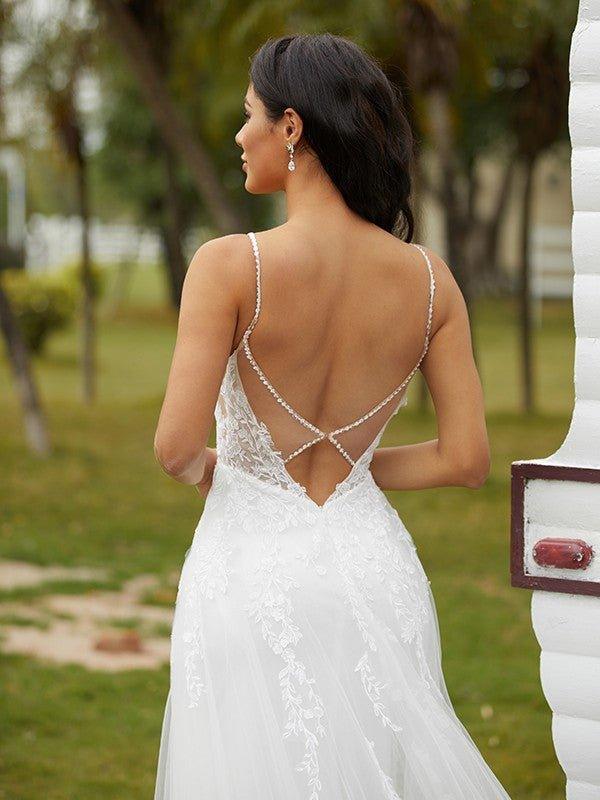 NumberSea - A - Line/Princess Tulle Applique V - neck Sleeveless Court Train Wedding Dresses