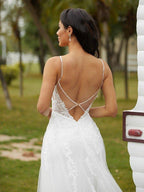 NumberSea - A - Line/Princess Tulle Applique V - neck Sleeveless Court Train Wedding Dresses