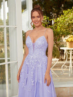 NumberSea - A - Line/Princess Tulle Applique V - neck Sleeveless Floor - Length Dresses