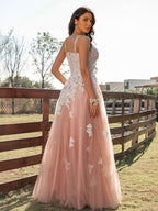 NumberSea - A - Line/Princess Tulle Applique V - neck Sleeveless Floor - Length Dresses
