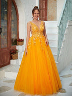 NumberSea - A - Line/Princess Tulle Applique V - neck Sleeveless Floor - Length Dresses