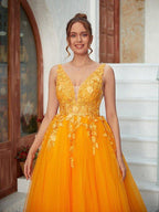 NumberSea - A - Line/Princess Tulle Applique V - neck Sleeveless Floor - Length Dresses