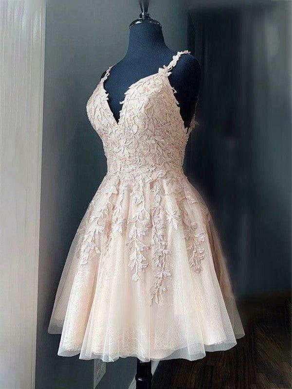 NumberSea - A - Line/Princess Tulle Applique V - neck Sleeveless Short/Mini Dresses