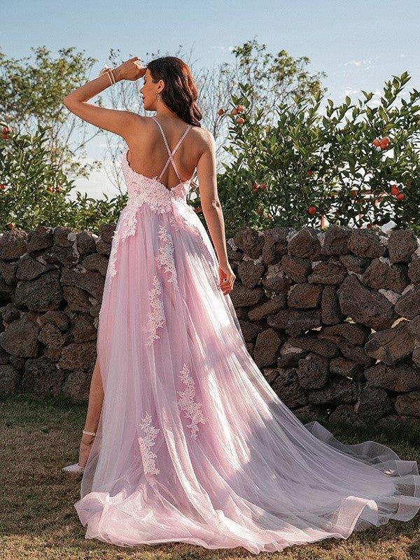NumberSea - A - Line/Princess Tulle Applique V - neck Sleeveless Sweep/Brush Train Dresses