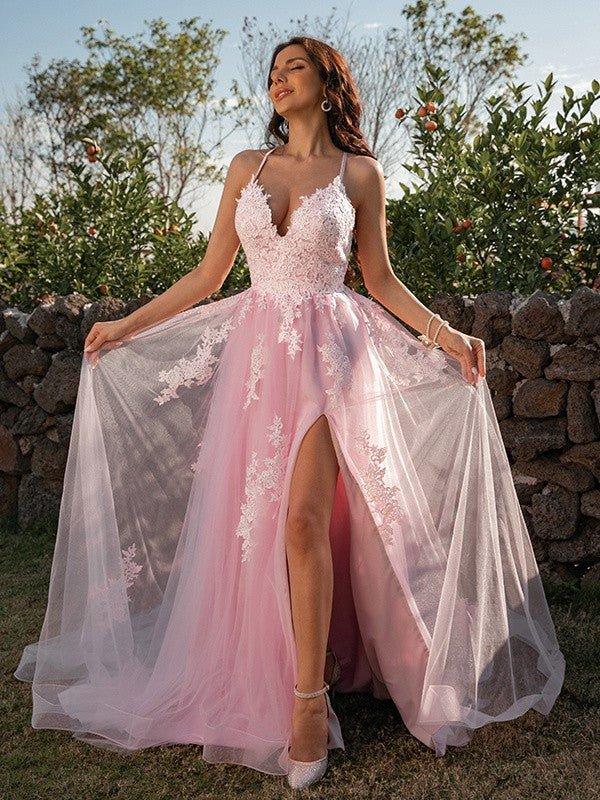 NumberSea - A - Line/Princess Tulle Applique V - neck Sleeveless Sweep/Brush Train Dresses