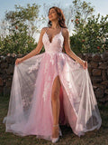 NumberSea - A - Line/Princess Tulle Applique V - neck Sleeveless Sweep/Brush Train Dresses