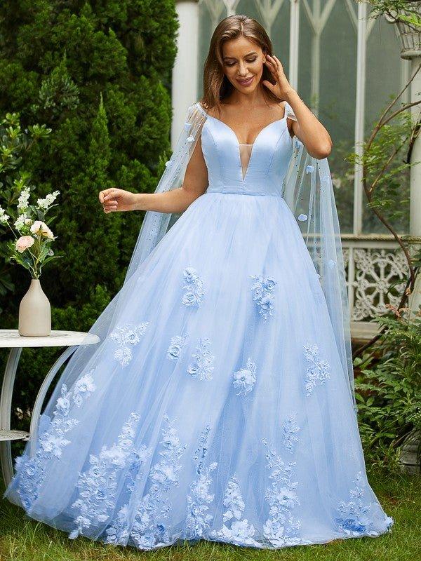 NumberSea - A - Line/Princess Tulle Applique V - neck Sleeveless Sweep/Brush Train Dresses