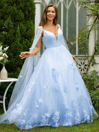 NumberSea - A - Line/Princess Tulle Applique V - neck Sleeveless Sweep/Brush Train Dresses
