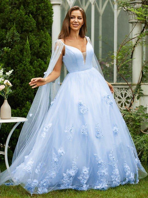 NumberSea - A - Line/Princess Tulle Applique V - neck Sleeveless Sweep/Brush Train Dresses