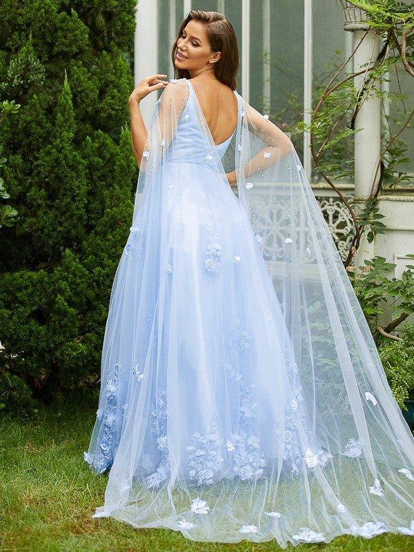 NumberSea - A - Line/Princess Tulle Applique V - neck Sleeveless Sweep/Brush Train Dresses