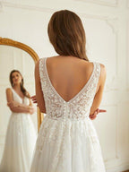 NumberSea - A - Line/Princess Tulle Applique V - neck Sleeveless Sweep/Brush Train Wedding Dresses