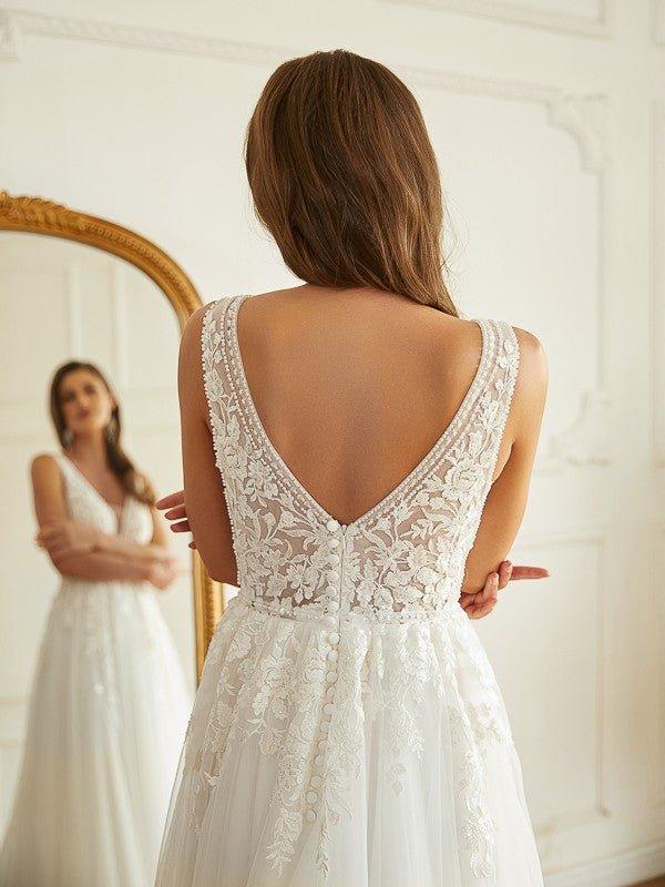 NumberSea - A - Line/Princess Tulle Applique V - neck Sleeveless Sweep/Brush Train Wedding Dresses