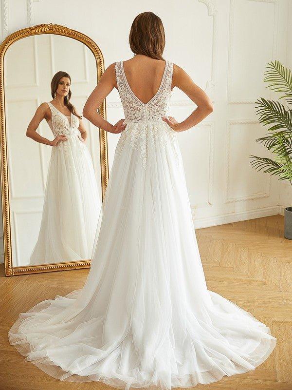 NumberSea - A - Line/Princess Tulle Applique V - neck Sleeveless Sweep/Brush Train Wedding Dresses