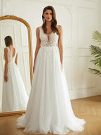 NumberSea - A - Line/Princess Tulle Applique V - neck Sleeveless Sweep/Brush Train Wedding Dresses
