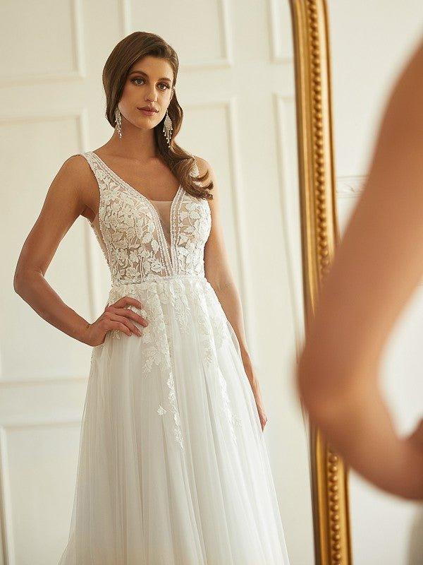 NumberSea - A - Line/Princess Tulle Applique V - neck Sleeveless Sweep/Brush Train Wedding Dresses