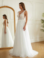 NumberSea - A - Line/Princess Tulle Applique V - neck Sleeveless Sweep/Brush Train Wedding Dresses