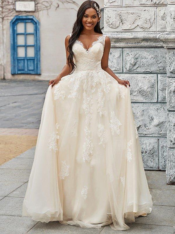 NumberSea - A - Line/Princess Tulle Applique V - neck Sleeveless Sweep/Brush Train Wedding Dresses