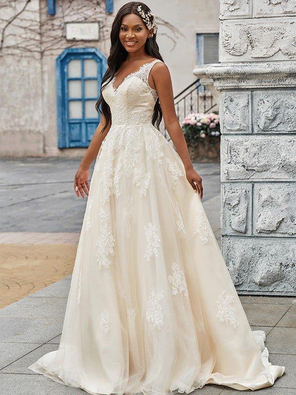 NumberSea - A - Line/Princess Tulle Applique V - neck Sleeveless Sweep/Brush Train Wedding Dresses